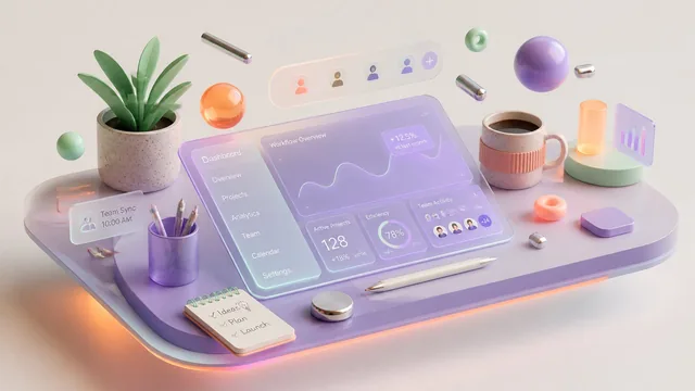 A cutting-edge commercial 3D isometric illustration of a modern creative workspace, designed for a premium SaaS website