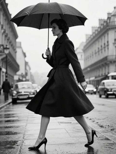 Create a black-and-white high-fashion editorial street photograph inspired by classic 1950s Paris couture photography. A