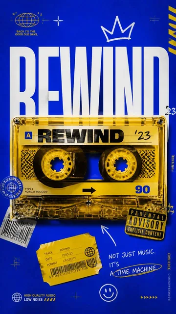 A premium 9:16 advertising poster with a large, bright yellow cassette tape centered against a deep cobalt blue background, featuring bold 'REWIND' typography and retro graphic ele