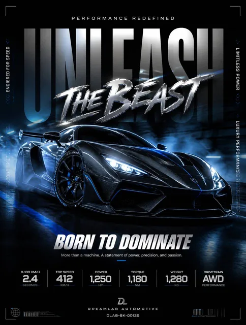 Ultra-premium automotive advertising poster on a dark cinematic background. A breathtaking exotic supercar dominates the