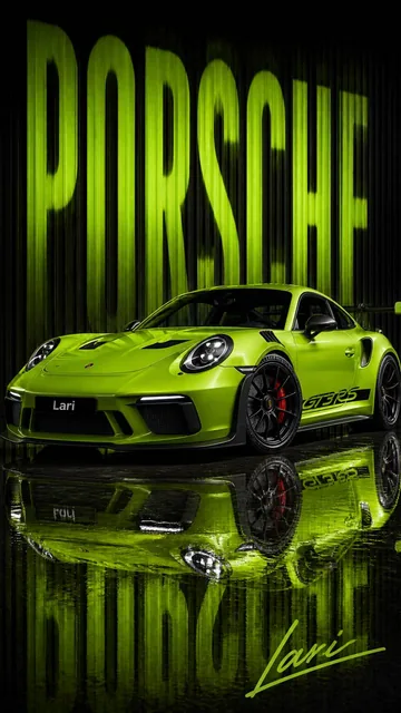 A mixed-media automotive graphic composition centers on a photorealistic acid-lime-green Porsche 911 GT3 RS positioned i