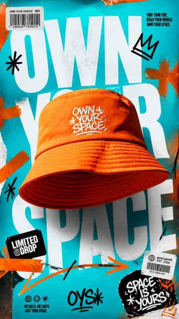 A premium 9:16 advertising poster for streetwear accessories, featuring a single oversized neon-orange bucket hat centrally placed against an electric turquoise backdrop with bold