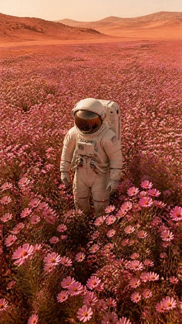 A highly detailed astronaut in a realistic, well-textured space suit standing at the center of a vast field of pink cosm