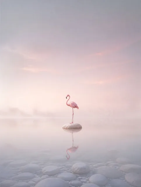 一只孤独的火烈鸟一动不动地矗立在一片平滑的浅色鹅卵石上，周围是一片清澈、如丝绸般柔和的浅水域。该作品以广阔的极简主义渐变天空为主，从柔和的灰白色过渡到淡雅的晨曦粉紫色，点缀着几缕轻盈、半透明的薄雾，散发着微弱的珍珠般光泽。灯光暗示着清晨的微