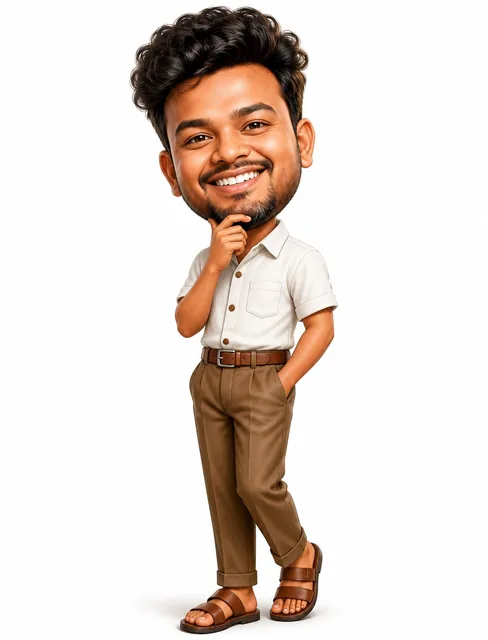 [image1]A highly detailed 3D caricature of a cheerful man with an oversized head, a big smile showcasing large teeth, an
