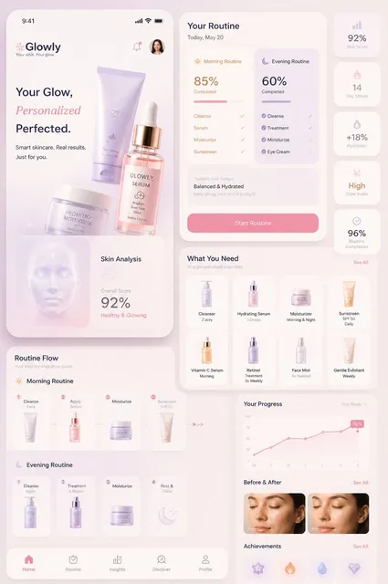 Mobile App UI Design Prompt — Glowly Skincare AppDesign a premium modern mobile app UI for "Glowly" — a personalized ski