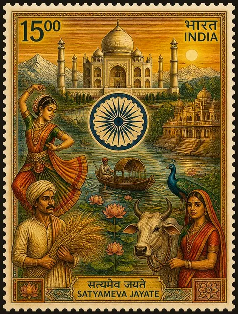 A detailed postage stamp illustration depicts a vibrant, stylized tapestry of Indian culture centered around the Taj Mah
