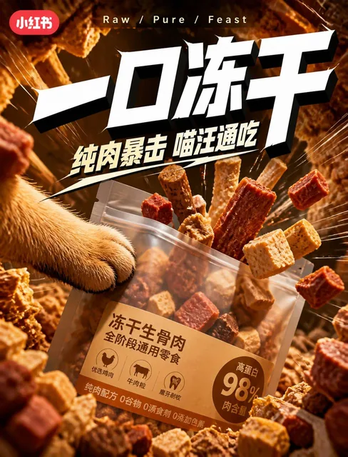 Dynamic 9:16 ad cover for pet treats, featuring a pet paw pushing a treat bag with freeze-dried snacks bursting out in a warm, fish-eye perspective.