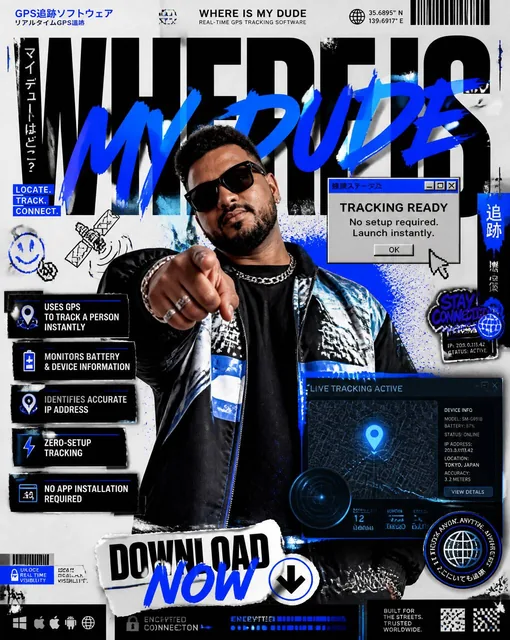 Create an ultra-premium Japanese street-art editorial poster redesign for a fictional GPS tracking software called "WHER