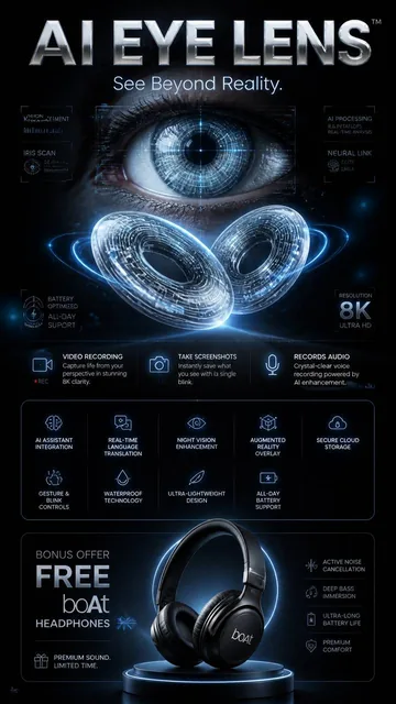 Advertisement poster for AI Eye Lens, featuring two floating smart contact lenses with glowing circuitry against a dark, gradient background with volumetric lighting and holographi