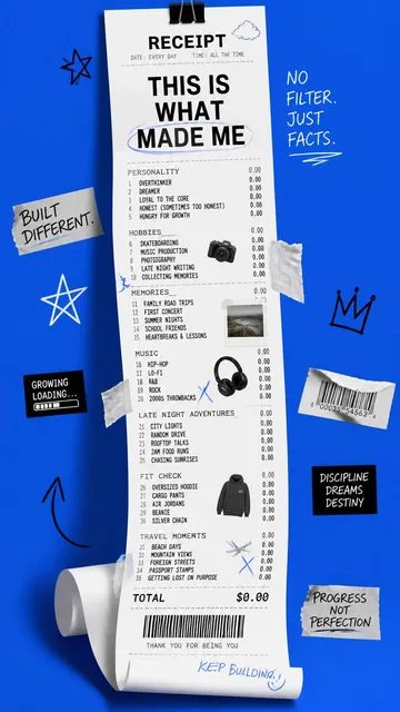 A premium 9:16 youth-culture editorial poster.Main Subject:An extremely long shopping receipt hanging vertically through