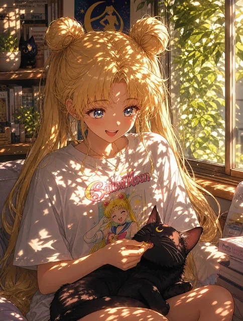 A detailed and heartwarming modern anime illustration portrait of Usagi Tsukino from Sailor Moon, sitting by a large win