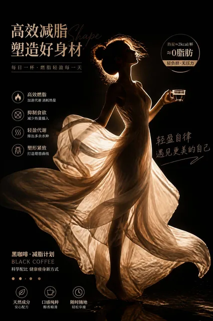 减脂产品的电商宣传海报，以女性剪影为核心，搭配直击痛点的文案，传递出 “高效减脂、塑造好身材” 的产品理念，是黑咖啡、减脂计划等产品的通用宣传模板。人物与状态：画面中心是一位女性，身着米白色无袖长裙，身材曼妙，姿态轻盈而富有张力，传递出自由