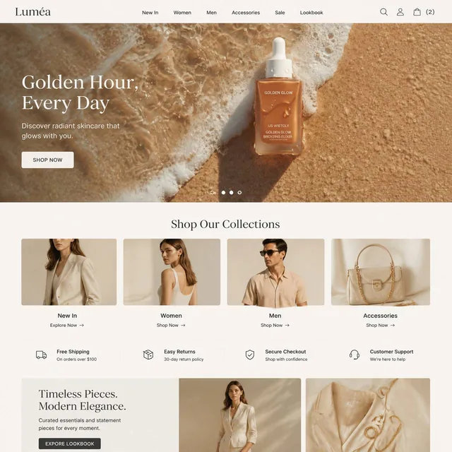 This project showcases Luméa, a modern fashion e-commerce website designed with a refined light aesthetic and a focus on