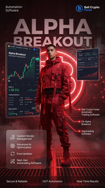 Ultra-premium futuristic fintech advertisement poster for Bali Crypto Forex software product "EA Alpha Breakout", vertic