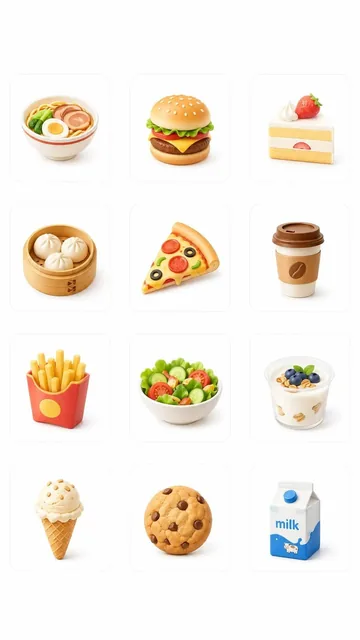A set of 12 clay-style 3D skeuomorphic king-kong category icons for a food-delivery app, featuring noodles, burger, cake, baozi, pizza, coffee, fries, salad, yogurt, ice cream, biscuits and milk, on white rounded-corner cards.