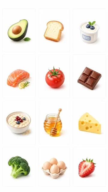 A set of 12 photorealistic king-kong category icons for a premium fresh-grocery membership app homepage, featuring avocado, bread, yogurt, salmon, tomato, chocolate, oats, honey, cheese, broccoli, eggs and strawberry on white rounded-corner cards, emphasizing freshness, health and premium quality.