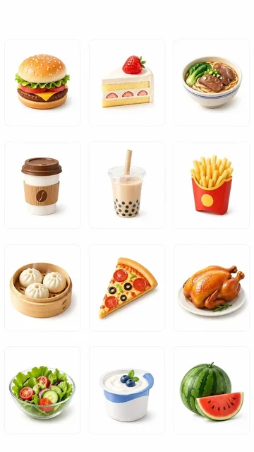 A set of 12 clay-style 3D skeuomorphic category icons for a food delivery app homepage, including burger, cake, beef noodles, coffee, milk tea, fries, baozi, pizza, roast chicken, salad, yogurt, and watermelon, placed on white rounded-corner cards.
