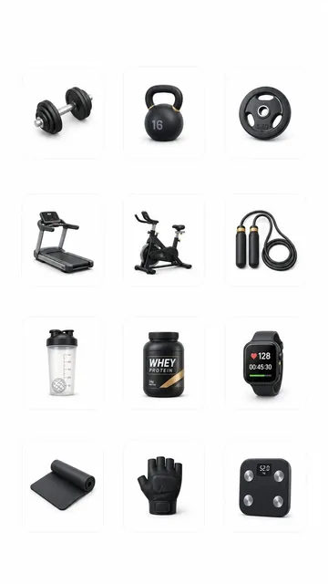 A set of 12 sleek black premium homepage king-kong category icons for a fitness e-commerce app, featuring dumbbell, kettlebell, weight plate, treadmill, spin bike, jump rope, shaker bottle, protein powder, sports watch, yoga mat, training gloves, and body-fat scale. Photorealistic skeuomorphic textu