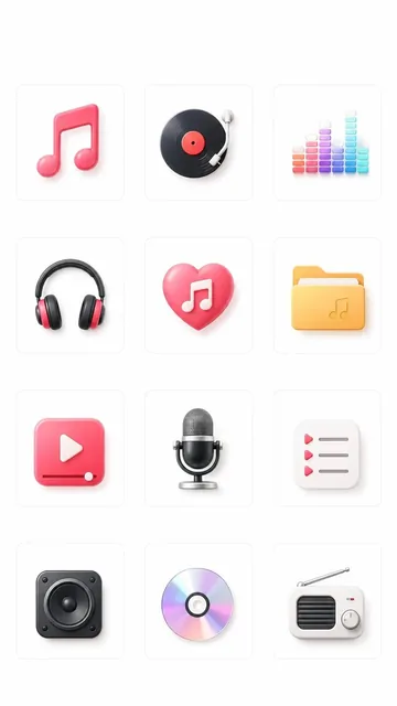 A set of 12 3D skeuomorphic music player app king-kong category icons on white rounded-corner cards, featuring music note, vinyl record, equalizer, headphones, liked music, music folder, video, microphone, playlist, speaker, CD and radio, with colorful accents and glossy textures.