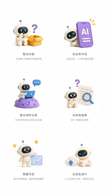 A set of six 3D clay style empty state illustrations for an AI app, each in an independent container with unified layout, pure white background, large spacing, clean and concise composition, Dribbble standard, 9:16 aspect ratio.
