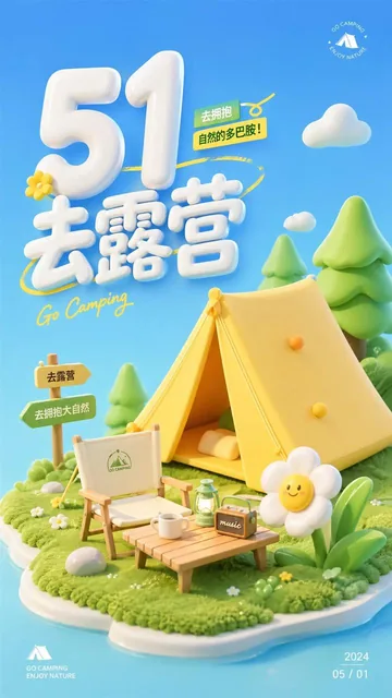 A cheerful 3D illustration poster for May Day camping theme, featuring high saturation colors, soft-light rendering, abstract art elements, and a clean minimalist background in Dribbble style.