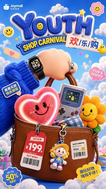 A 3D C4D render in Pop Mart style featuring an anthropomorphic cartoon hand holding a luxury bag overflowing with cute objects, vintage gadgets, and a neon glowing heart, set against a soft cloud background with vibrant lighting and high-contrast colors.