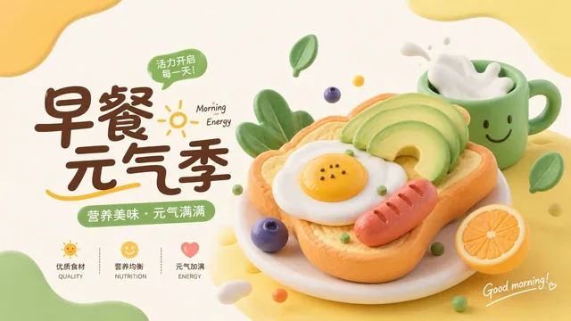 A 3D clay-illustration style vertical poster featuring morning energy breakfast season, with abstract art, clean minimalist background, visually fresh, youthful and cheerful, refined and delicate design, 4K resolution, 16:9 ratio.