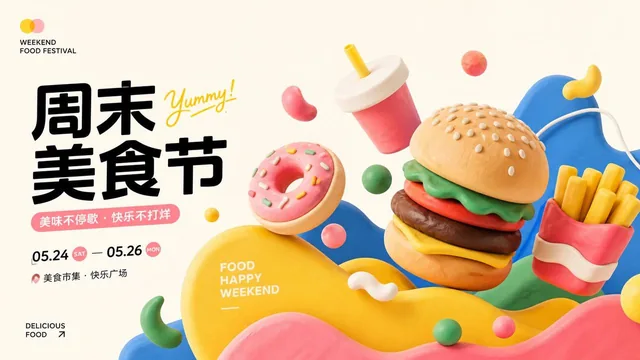 A 3D clay-illustration style vertical poster for a Weekend Food Festival, featuring abstract art on a clean minimalist background, visually fresh and youthful, with refined delicate details, 4K resolution, 16:9 ratio.