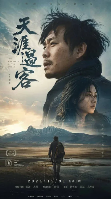 A dramatic movie poster titled Wanderer at the Horizon featuring a lone figure standing on a cliff overlooking a vast, misty landscape at sunset, with golden light piercing through clouds, evoking a sense of adventure and mystery.