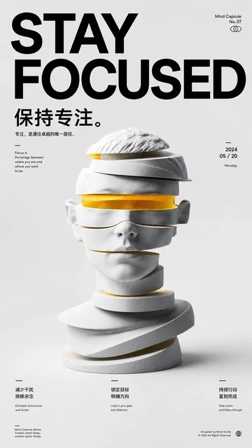 A high-end conceptual poster in neo-editorial style, featuring a sculptural core object made of layered, cut, and suspended geometric forms on a clean light-gray background. Oversized bold black headline 'STAY FOCUSED' at top, with secondary subtitle and annotation text in Swiss grid layout. Soft st