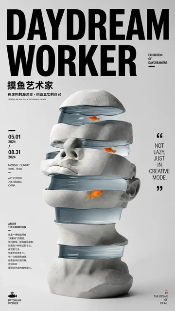 A conceptual editorial poster titled Daydream Worker, featuring a sculptural object made of layered, cut, and suspended white and gray forms with a single striking accent color, set on a clean light-gray background with generous whitespace and bold typography.