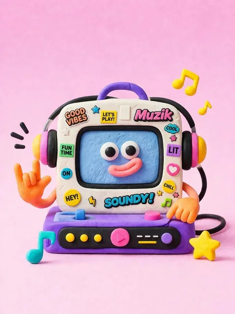 A 3D illustration of a clay-style portable boombox music player, featuring soft plastic material, toy-like design, dopamine color palette, soft studio lighting, global illumination, centered composition, floating decorative elements, sticker collage details, UI labels, badges, playful icons, micro t