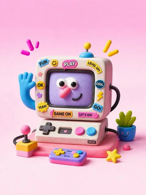 A 3D clay-style illustration of a retro handheld game console with soft plastic texture, dopamine color palette, floating decorative elements, sticker collage details, UI labels, badges, playful icons, micro typography, and fictional brand text, centered composition on clean background, editorial-gr
