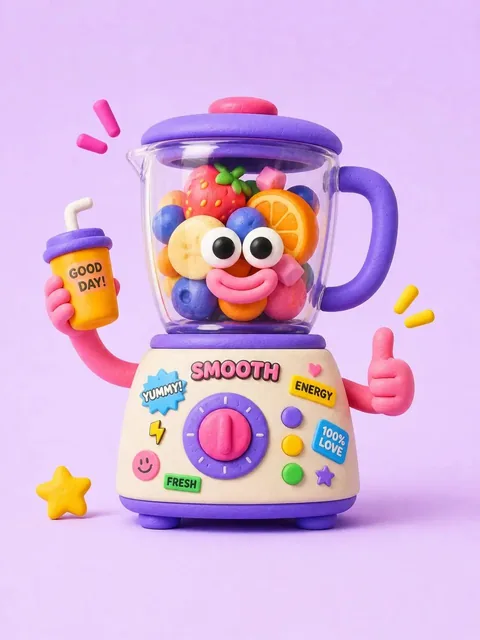 A 3D clay-style illustration of a smoothie blender in soft plastic material, featuring a dopamine color palette with pastel base tones and vibrant accents, centered composition with floating decorative elements, sticker collage details, UI labels, badges, playful icons like stars and music notes, mi