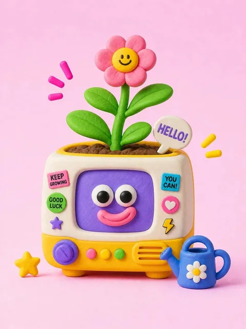 A 3D illustration of a retro TV flower planter in clay style, with soft plastic material, dopamine color palette, centered composition, floating decorative elements, sticker collage details, UI labels, badges, playful icons, micro typography, and editorial-grade quality.