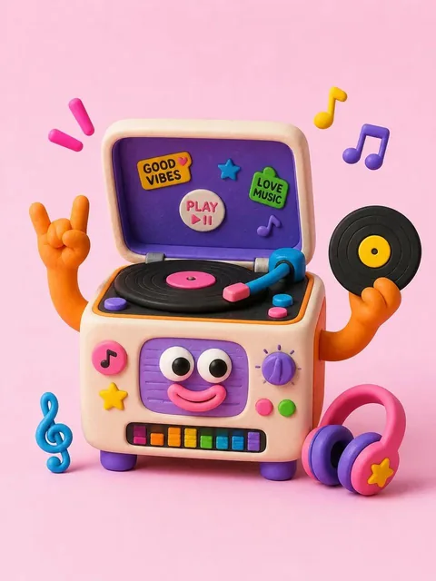 A 3D illustration of a portable vinyl record player in clay style with soft plastic material, dopamine color palette, centered composition, floating decorative elements, sticker collage details, and editorial-grade quality.