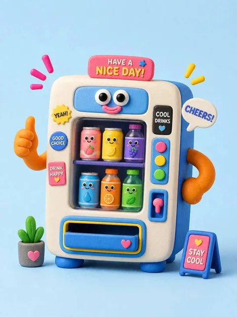 A whimsical 3D clay-style illustration of a HAVE A NICE DAY! beverage vending machine with soft pastel tones, vibrant accents, floating decorative elements, sticker collage details, and playful UI labels on a clean background.