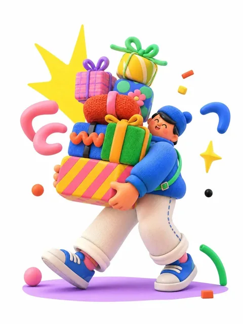 A 3D editorial illustration of a happy exaggerated cartoon boy with a tiny head and chubby body, hugging a giant stack of colorful gift boxes, floating mid-air with soft rubber props, on a clean white background with soft studio lighting.