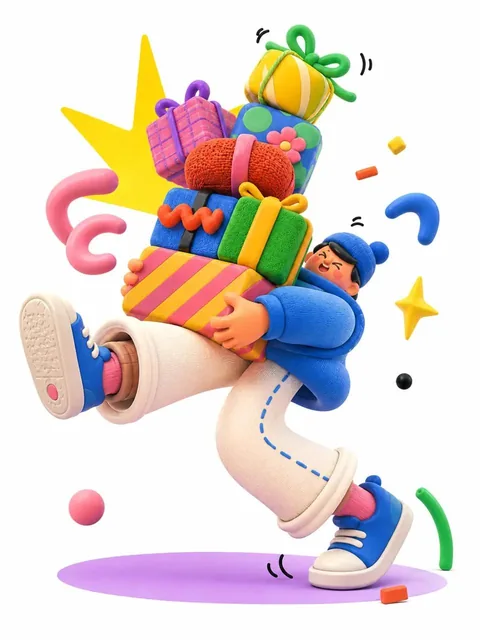 A 3D editorial illustration of a leaping delivery boy with a tiny head, round chubby body, and elongated limbs, carrying a towering pile of birthday presents, rendered in soft matte rubber and fuzzy fabric with a dopamine color palette on a clean white background.