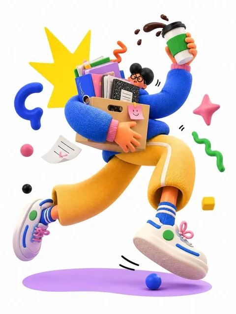 A complete single 3D illustration of an exaggerated cartoon office worker with a tiny head, round chubby body, elongated limbs, oversized hands and shoes, frozen mid-air in a dramatic jumping pose, holding a cardboard box of files and a splashing coffee cup, wearing glasses, surrounded by floating s