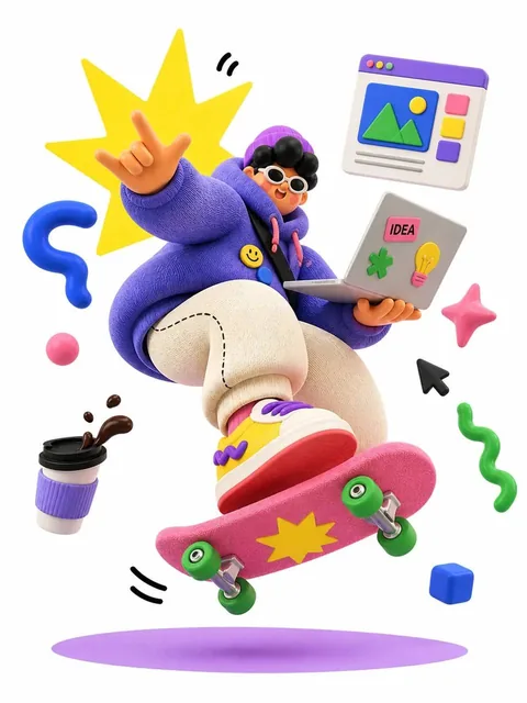 A 3D editorial illustration of an exaggerated cartoon character with a tiny head, chubby body, and elongated limbs, wearing a hoodie and skateboarding mid-air while holding a laptop labeled IDEA, set on a clean white background with floating soft rubber props.
