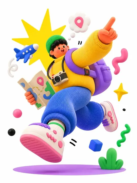 A complete single 3D illustration of an exaggerated cartoon backpacker explorer with a tiny head, round chubby body, elongated limbs, oversized hands and shoes, frozen mid-air in a dramatic jumping pose, pointing forward with a folded map and camera around neck, rendered in soft matte rubber and fuz