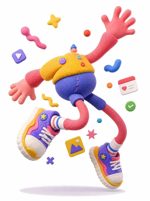 A complete single 3D illustration of an exaggerated cartoon character with a tiny head, round chubby body, and elongated limbs, frozen mid-air in a dramatic jumping pose. The character has oversized hands and shoes, off-balance center of gravity, and strong comedic energy. It is rendered as a soft s