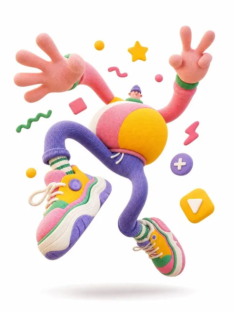 A pastel-colored acrobat character with a tiny head, round chubby body, and elongated limbs frozen mid-air in a triumphant leap, wearing chunky color-block sneakers, rendered as a soft sculpture toy with matte rubber and fuzzy fabric textures on a clean white background with floating abstract props.