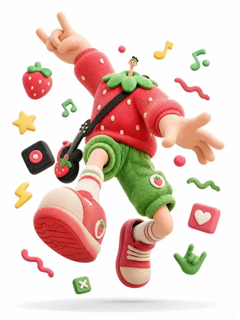 A 3D illustration of an exaggerated cartoon character with a tiny head, round chubby body, elongated limbs, oversized hands and shoes, frozen mid-air in a dramatic jumping pose, holding a strawberry-shaped electric guitar and making a rock-on hand sign, with soft rubber and knitted textures, high-sa
