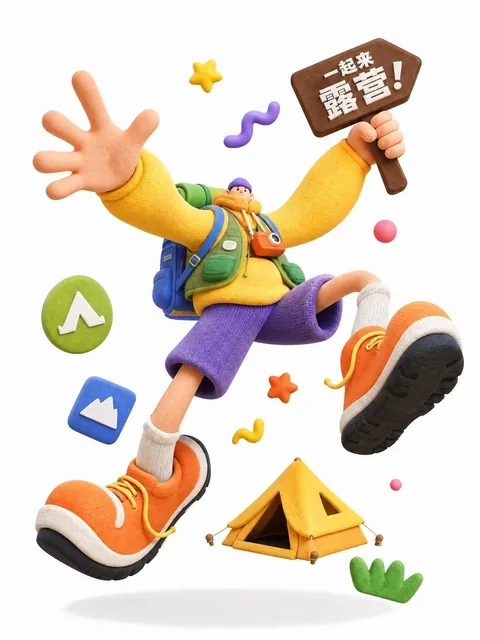 A 3D editorial illustration of an exaggerated cartoon backpacker with tiny head, round body, elongated limbs, oversized hands and shoes, frozen mid-air in a dramatic jumping pose, holding a wooden sign reading 'Let's go camping!' with tent and outdoor badges, on a clean white background with soft sh