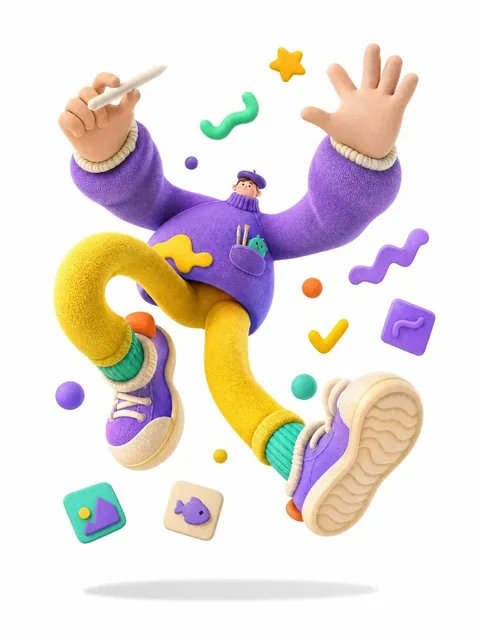 A complete single 3D illustration of an exaggerated cartoon character with a tiny head, round chubby body, and elongated limbs, wearing a beret and holding a stylus pen mid-air, with brushes in pocket, on a clean white background with soft shadow and floating abstract elements.