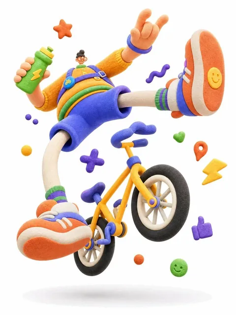 A complete single 3D illustration of an exaggerated cartoon cyclist with a tiny head, round chubby body, and elongated limbs, frozen mid-air popping a wheelie on a yellow bike while holding an energy drink, set on a clean white background with soft shadow and floating abstract props.