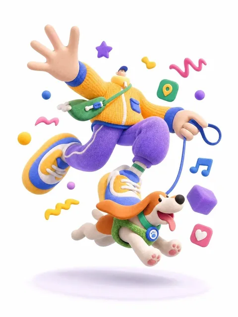 A 3D editorial illustration of an exaggerated cartoon character with a tiny head, round chubby body, elongated limbs, oversized hands and shoes, frozen mid-air in a dramatic jumping pose while walking a happy beagle on a leash, set against a clean white background with soft oval shadow and floating